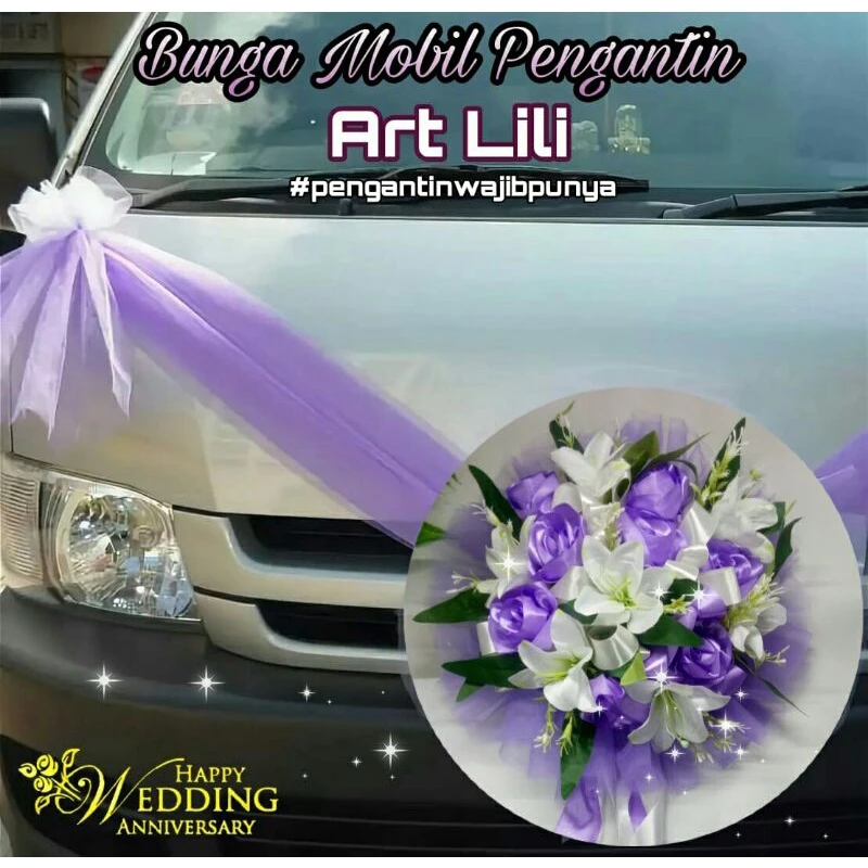 Bunga Mobil Art Lili - Hiasan Bunga Mobil Pengantin - Bunga Hadiah - Buket Bunga Mobil Pernikahan - Bunga Satin - Bunga Palsu