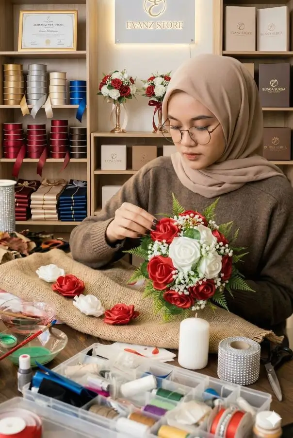 kerajinan buket bunga bahan satin