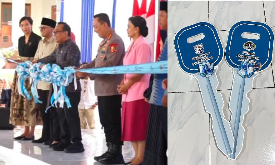 Pita Peresmian, Pita di Podium dan Kunci Simbolis Karya Evanz Store di Acara Peresmian Dua Sekolah Unggulan SMA Kemala Taruna Bhayangkara dan SMA Global Darussalam Academy