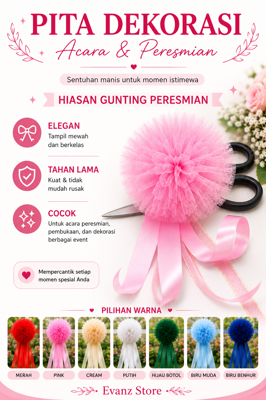PITA PERESMIAN POM-POM TILE PREMIUM SIAP PAKAI/ Potong Pita Simbolis / Grand Opening - Gambar 10